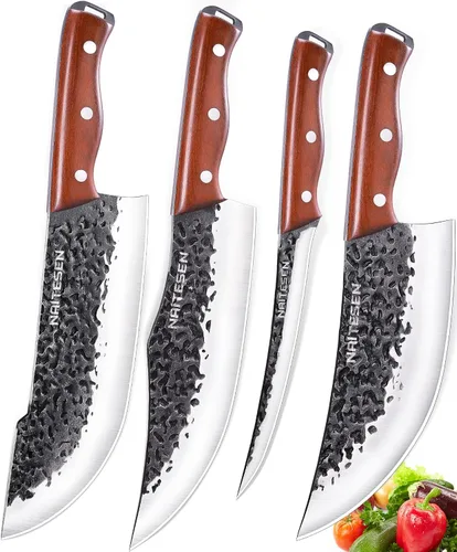 Naitesen Juego de 4 cuchillos de carnicero y cuchillos de cocina, forjados a mano, muy afilados para cortar carne, cocinar, barbacoa, regalos para