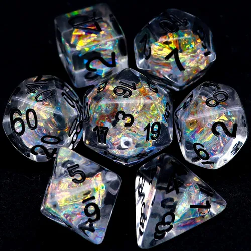 Miniatura 20 de Haxtec DND Conjunto de Dados 7 Piezas Conjunto de Dados de Resina Negro con Inclusión de Mylar Iridiscente Dados Poliédricos D&D