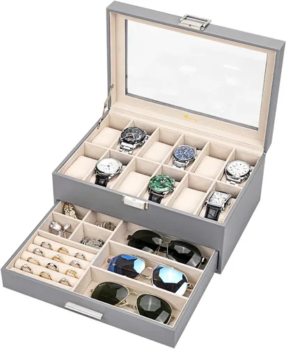 Miniatura 9 de Voova Joyero organizador de cajas de reloj para hombres y mujeres 2 capas grandes de 12 ranuras de piel sintética estuche de almacenamiento