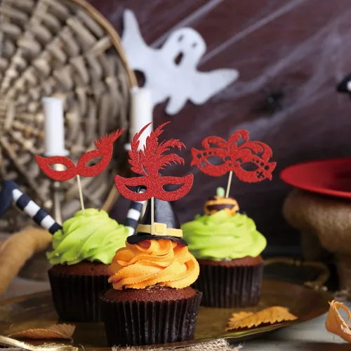 Miniatura 6 de Gyufise 24 máscaras de mascarada para cupcakes con purpurina roja, máscara de despedida de soltera para cupcakes, decoraciones para bailes de Rojo