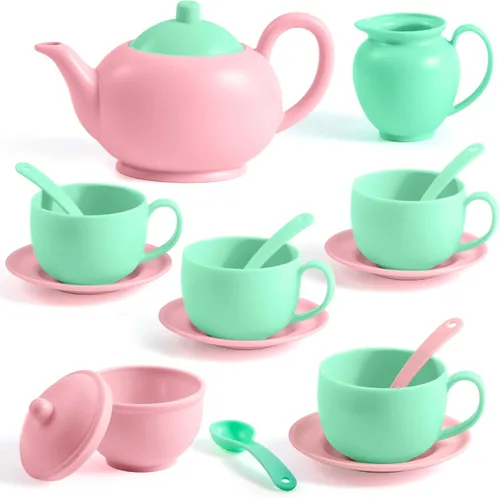 JOYIN Juego de 18 piezas de fiesta de té de simulación, juego de té de plástico, mini cocina para niños, regalos para niños y niñas de 3, 4, 5, 6