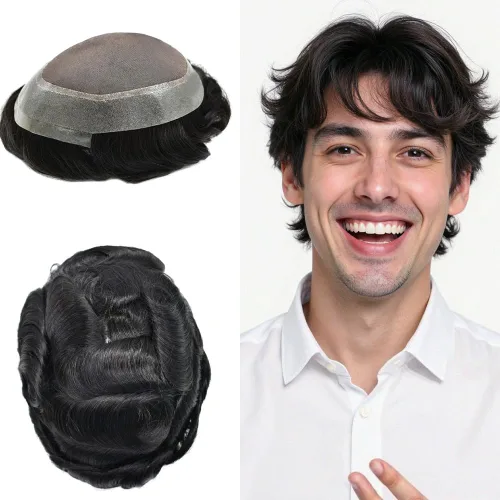 Miniatura 28 de Tupé para hombres, piezas de cabello humano real, sistema de unidades de cabello natural, línea capilar natural, pieza de repuesto para hombres