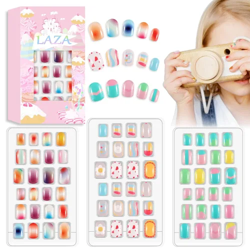 Laza 72 piezas de uñas postizas cortas a presión para niños, prepegamento de cobertura completa, degradado, mezcla de colores florecientes, kit de
