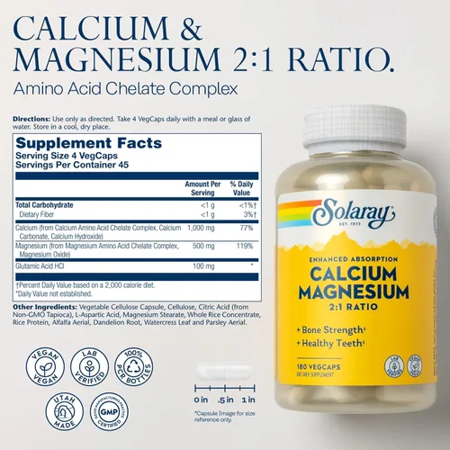 Miniatura 2 de Solaray Absorción mejorada de calcio y magnesio - 180 cápsulas vegetales - Relación 2:1 - Apoya la fuerza ósea y los dientes saludables - Vegano