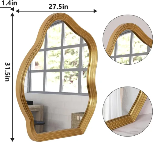 Miniatura 4 de SHYFOY Espejo de pared dorado antiguo, espejo decorativo asimétrico para decoración de pared, espejos ornamentados grandes irregulares para sala