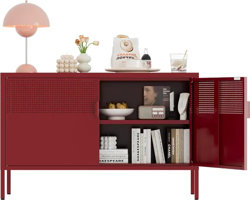 Miniatura 13 de Gabinete de almacenamiento de metal, soporte de TV de 2 puertas, gabinete de acento de malla metálica, cierre de puerta magnético, gabinetes de Negro