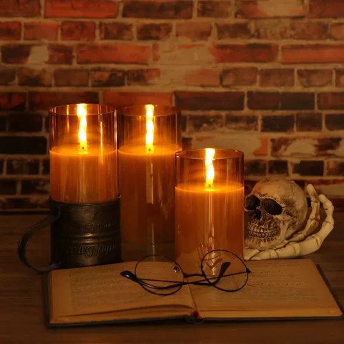 Miniatura 3 de Juego de 3 velas de cristal dorado sin llama con control remoto y temporizador, velas LED de cera real controladas con llama 3D parpadeante, D 3