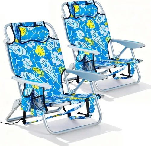 Miniatura 9 de Paquete de 2 sillas reclinables portátiles ligeras para adultos, sillas de playa plegables planas al aire libre con 5 posiciones, silla de playa