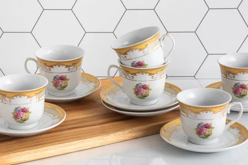 Miniatura 7 de Juego de té de porcelana, 12 piezas, elegante diseño floral blanco con borde dorado – Platillos de 5.5 pulgadas, tazas de 6.5 onzas – para fiestas