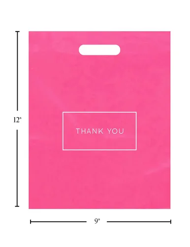Miniatura 2 de Purple Q Crafts Bolsas de compras de plástico troqueladas rosadas con logotipo de agradecimiento de 9 x 12 pulgadas con asas, paquete de 50