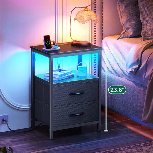 Miniatura 4 de Huuger - Mesita de noche con estación de carga y luces LED, mesita de noche con 2 cajones, mesa auxiliar de cama con estante abierto, mesa auxiliar