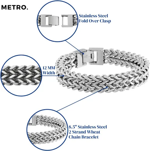 Miniatura 4 de Metro Jewelry Pulsera de cadena de cola de zorro de doble fila para hombre en acero inoxidable con chapado iónico antiguo o negro, 8.25 pulgadas