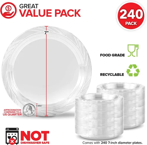 Miniatura 2 de Stock Your Home 240 unidades, platos de plástico transparente de 7 pulgadas, flexibles, platos desechables resistentes para fiestas, para recepción