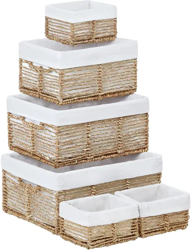 Miniatura 16 de Vagusicc Cesta de almacenamiento de mimbre, cesta de cuerda de papel tejida a mano, cesta rectangular pequeña para organizar, contenedor de Beige