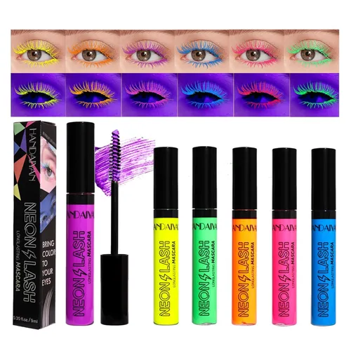 Miniatura 2 de Máscara de pestañas neón de 6 colores, luz negra, impermeable, resistente a las manchas, para uso diario y Halloween, Navidad (juego 01)