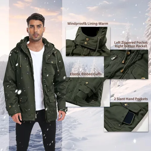 Miniatura 5 de Chaquetas gruesas de invierno para hombre, con forro polar, chaquetas gruesas con capucha, chaquetas de trabajo, abrigo de algodón militar
