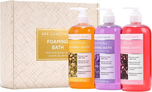 Miniatura 7 de Spa Luxetique Baño de burbujas, baño espumoso con sal de Epsom, juego de baño con aroma a rosa de manzanilla y lavanda, paquete de 3 regalos de 49.8