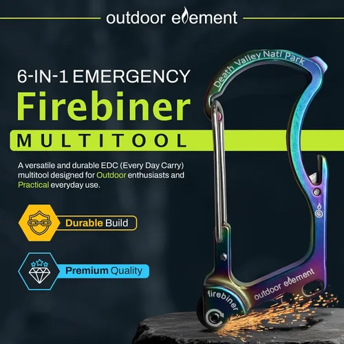 Miniatura 2 de OUTDOOR ELEMENT Firebiner Custom Engraved 6-in-1 Fire Starter Carabiner Multitool – Survival Gear EDC Keychain with Utility Blade, Bottle Opener