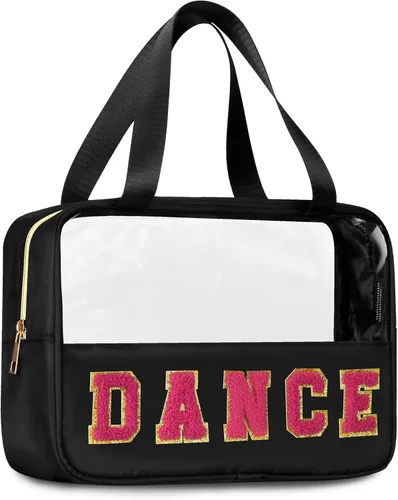 Miniatura 20 de BuyCard Bolsas de Viaje Transparentes con Parche de Letra de Chenilla, Bolsa de Maquillaje Preppy de PVC y Nylon con Asa y Cremallera, Bolsa