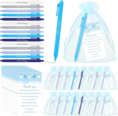 Chuangdi Juego de 50 bolígrafos de baby shower, recuerdos para invitados, bolígrafos con texto en inglés "It's a Boy Girl", tarjetas de Azul