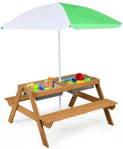 Miniatura 10 de HONEY JOY Mesa de picnic para niños, mesa de madera de cedro 4 en 1 para arena y agua con 2 cajas extraíbles y paraguas, mesas de picnic para niños
