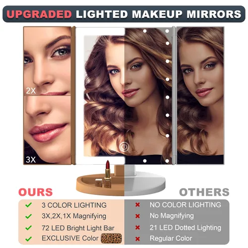 Miniatura 3 de RoLeDo Espejo de maquillaje iluminado con aumento 1 x 2 x 3X, espejo de tocador triple con luces, espejo de 72 LED, pantalla táctil, iluminación