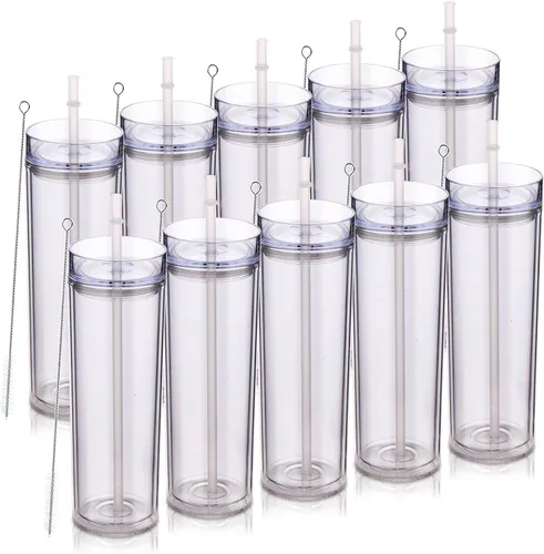 Miniatura 12 de Volhoply Paquete a granel de 4 vasos delgados de plástico de 20 onzas, vaso de doble pared con tapa y popote, taza reutilizable de viaje para café