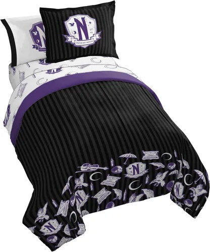 Miniatura 15 de Jay Franco Wednesday Addams - Juego de edredón tamaño individual, ropa de cama de 5 piezas, incluye juego de sábanas y fundas de almohada, ropa