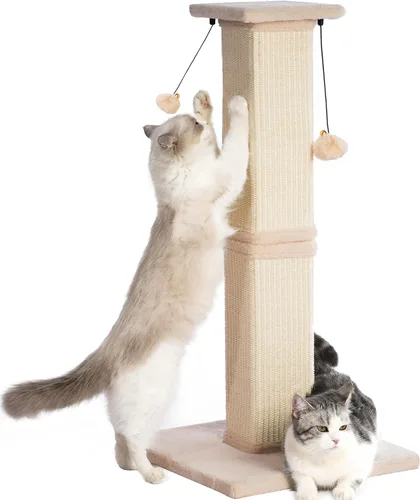 Poste rascador grande para gatos con base resistente, poste rascador cuadrado resistente de sisal de 33 pulgadas y 2 bolas interactivas para colgar