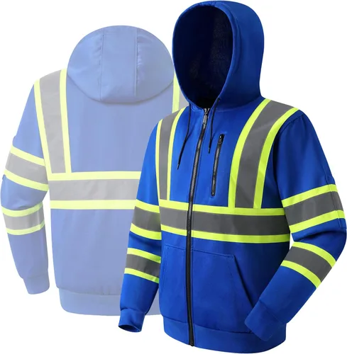 Miniatura 6 de JKSafety Sudadera de seguridad de alta visibilidad para hombres y mujeres, sudadera con capucha y cremallera de alta visibilidad con tiras Hs121-azul
