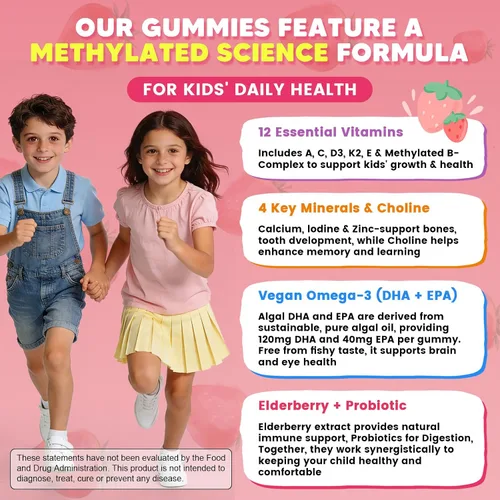 Miniatura 3 de Gomitas multivitamínicas metiladas para niños con Omega 3, multivitamínico para niños y adolescentes 4+ con L de metilfolato y B12, calcio