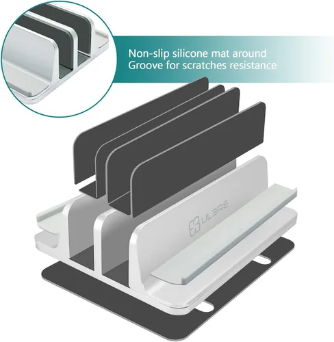 Miniatura 3 de Soporte vertical para computadora portátil para escritorio de metal resistente, 4 ranuras ajustables 4 en 1 vertical MacBook Stand Rack Pro Soporte