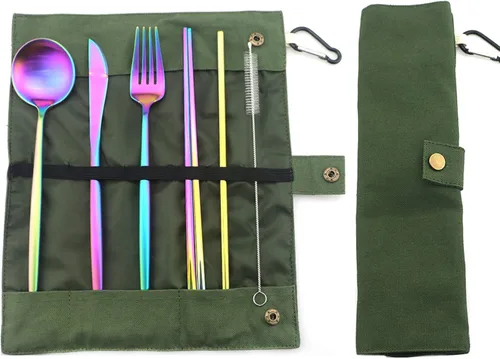Miniatura 12 de JASHII Juego de cubiertos de acero inoxidable 18/10 ecológicos, utensilios de viaje de bambú, incluye cuchillo reutilizable, tenedor, cuchara