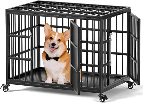 Miniatura 11 de VERIFURTY Jaula resistente de 42 pulgadas para perros grandes y medianos con pestillo de autobloqueo, perrera de acero a prueba de fugas