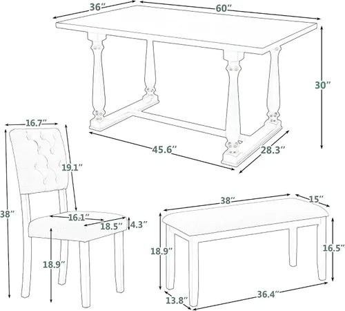 Miniatura 7 de Harper & Bright Designs Juego de mesa de comedor de madera gris de 6 piezas con banco tapizado y 4 sillas de comedor, patas de forma especial