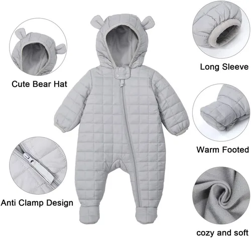 Miniatura 9 de DDY Traje de nieve para bebé niña niño de 0 a 3 meses, chaqueta de plumón con capucha, mameluco para bebé, mameluco para invierno, color gris