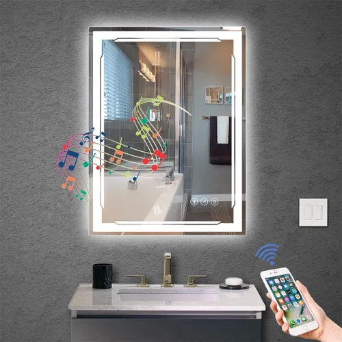 Espejo de baño LED de 24 x 32 pulgadas con luces, altavoz Bluetooth integrado, antivaho regulable, 3 ajustes de luces retroiluminados + iluminación
