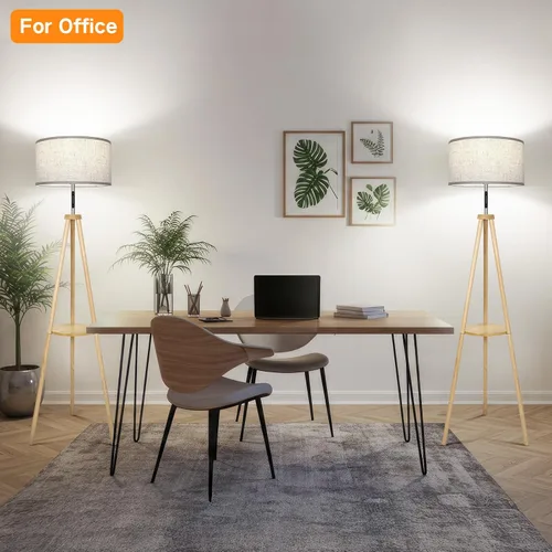 Miniatura 15 de OUTON - Lámpara de pie de trípode de madera con estantes, lámpara de pie de mediados de siglo con control remoto, 4 temperaturas de color, lámpara