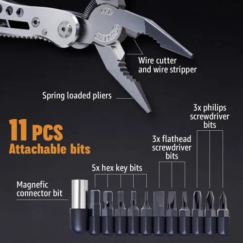 Miniatura 4 de Multiherramienta 24 en 1 con cuchillo, alicates y 11 puntas de acero inoxidable afilado, multiherramienta para hombres, equipo ideal