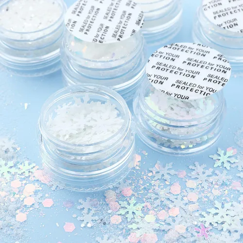 Miniatura 6 de Polvo blanco con purpurina para uñas, copos de nieve, lentejuelas para uñas, 6 frascos, copos de nieve de invierno, kit de polvo para decoración