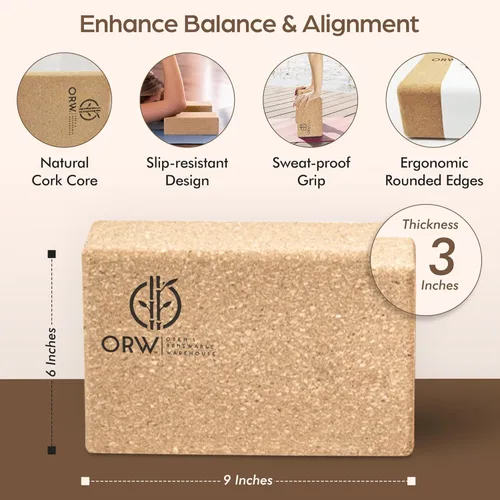 ORW Bloque de yoga de corcho: corcho natural FSC, 9 x 6 x 3 pulgadas, bloque de estabilidad densa de 1.5 libras, agarre antideslizante, probado por