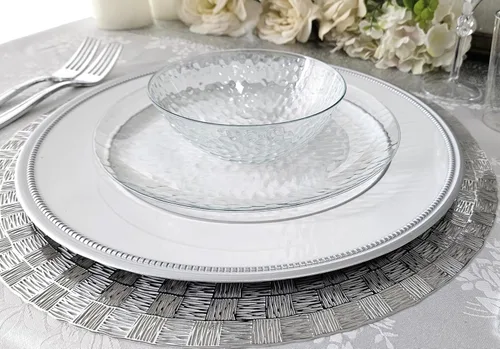 Miniatura 6 de OccasionS - 10 cargadores redondos de plástico acrílico de 13 pulgadas, para decoración de cenas, platos de carga (corona, blanco y plateado)