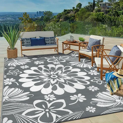 Miniatura 24 de Ileading Alfombra de paja de plástico para exteriores, 5 x 8 pies, divertido estilo floral, reversible, impermeable, no se desprende, alfombras