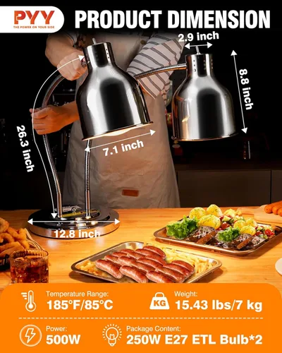 Miniatura 6 de PYY Lámpara de calor de alimentos – Lámpara de calor comercial de doble cabezal para alimentos con bombillas ETL, luz de calentamiento de alimentos
