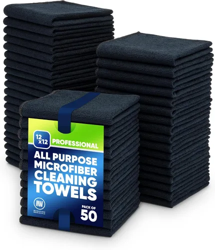 Microfiber Wholesale Paños de limpieza de 12 x 12 pulgadas (paquete de 50) toallas reutilizables, trapos de lavado, paño para polvo, todo uso: Negro