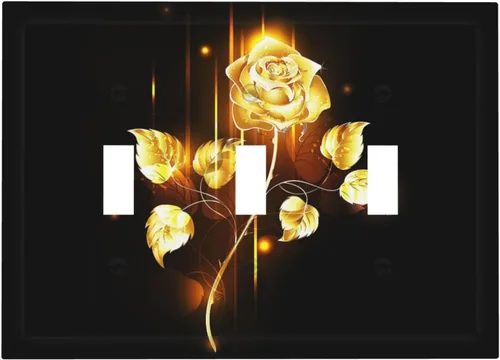Cubiertas de placa de pared de 3 gang con interruptor de luz de triple palanca, en negro y dorado con esplendor de oro rosa, estampado floral