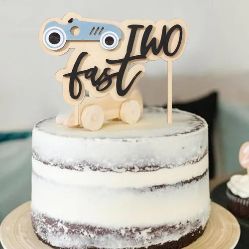 Miniatura 3 de Decoración para tarta de cumpleaños de dos días rápidos, decoración de madera para tartas de coche de carreras, decoración de segundo cumpleaños