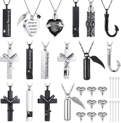 Miniatura 22 de 16 piezas de collar de urna para cenizas, medallón de cenizas talladas de acero inoxidable impermeable con 8 kit de relleno, cilindro de corazón