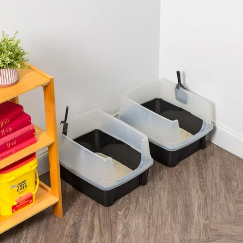 Miniatura 8 de IRIS USA - 2 Pack Caja de arena para gatos grande de tapa abierta con lados altos, escudo antidesperdicio y pala, color negro, para gatos
