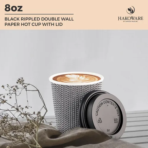 Miniatura 3 de Harvest Pack - Paquete de 100 tazas de café aisladas de 8 onzas con tapas, tazas calientes de papel ondulado de doble pared, diseño geométrico Negro